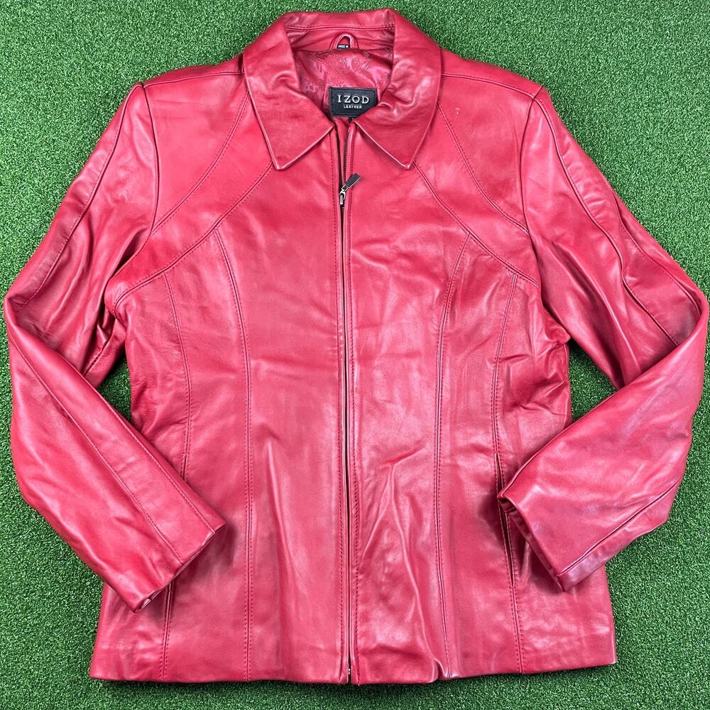 Vintage Izod Red Leather Lined Full Zip Motorcycle Biker Jacket Sz XL